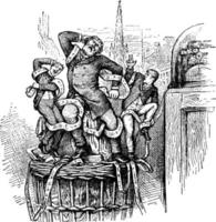 hommes debout sur un support en bois, illustration vintage. vecteur