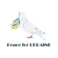 colombe volante de la paix, pigeons. oiseau avec rameau d'olivier végétal. l'amour, la liberté, pas de guerre. illustration moderne dessinée à la main. soutenez l'ukraine, tenez-vous avec la bannière de l'ukraine, affiche aux couleurs jaunes et bleues vecteur