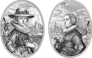 portraits de deux femmes inconnues, toutes deux en tant que bergère, illustration vintage. vecteur