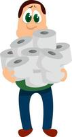 homme avec beaucoup de papier toilette, illustration, vecteur sur fond blanc