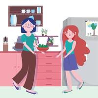 les gens cuisinent, la femme et la fille avec des légumes dans la cuisine du comptoir du bol vecteur