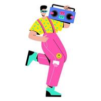 un gars à la mode écoute de la musique dans le style des années 90 ou 80. un homme élégant dans des vêtements lumineux avec un magnétophone rétro dansant vecteur