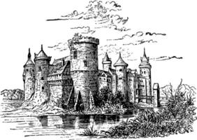 château, bâtiment construit, gravure vintage. vecteur