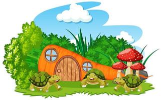 maison de carottes avec style de dessin animé de trois tortues vecteur