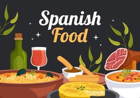 restaurant de menu de cuisine espagnole avec diverses recettes de plats traditionnels sur illustration de modèles dessinés à la main de dessin animé plat vecteur