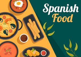 restaurant de menu de cuisine espagnole avec diverses recettes de plats traditionnels sur illustration de modèles dessinés à la main de dessin animé plat