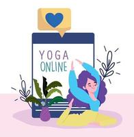 yoga en ligne, jeune femme faisant de l'application de site Web de yoga vecteur