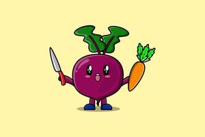 betterave de dessin animé mignon tenant un couteau et une carotte vecteur