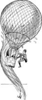homme grimpant en montgolfière, illustration vintage. vecteur