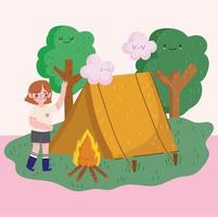 camping, camping pour filles avec forêt de tentes de feu de joie en style cartoon vecteur