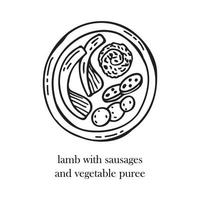 illustration vectorielle du plat de noël scandinave - agneau aux saucisses et purée de légumes. illustration dessinée à la main. vecteur