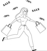 la fille fait du shopping avec des achats. la fille court à la vente. illustration vectorielle isolée sur fond blanc. vecteur