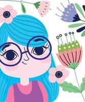 mignon, girl, lunettes, dessin animé, à, fleurs, botanique vecteur