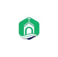 création de logo de bâtiment d'église. logo de modèle pour les églises et les chrétiens. logo du bâtiment de l'église croisée. vecteur