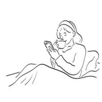 femme buvant du café dans son lit et vérifiant son smartphone illustration vecteur dessiné à la main isolé sur fond blanc dessin au trait.