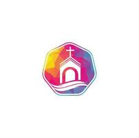 création de logo de bâtiment d'église. logo de modèle pour les églises et les chrétiens. logo du bâtiment de l'église croisée. vecteur