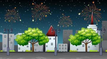 paysage urbain avec scène de célébration de feux d'artifice vecteur