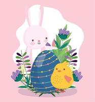 joyeuses pâques mignon lapin et poulet avec des fleurs d'oeufs bleus nature vecteur