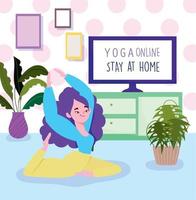 yoga en ligne, fille qui s'étire dans le personnage pratiquant le yoga au sol, ordinateur vecteur