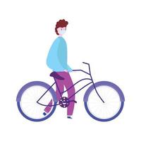 garçon avec masque médical et transport à vélo, prévention covid 19, conception d'icône isolée fond blanc vecteur