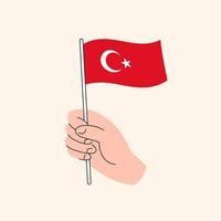 main de dessin animé tenant le drapeau turc, dessin simple. drapeau de la turquie, asie, illustration de concept, vecteur isolé de conception plate.