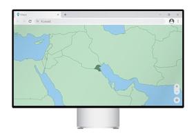 écran d'ordinateur avec carte du koweït dans le navigateur, recherchez le pays du koweït sur le programme de cartographie Web. vecteur