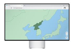écran d'ordinateur avec carte de la corée du nord dans le navigateur, recherchez le pays de la corée du nord sur le programme de cartographie Web. vecteur
