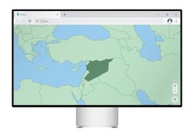 écran d'ordinateur avec carte de la syrie dans le navigateur, recherchez le pays de la syrie sur le programme de cartographie Web. vecteur