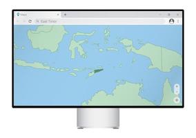 écran d'ordinateur avec carte du timor oriental dans le navigateur, recherchez le pays du timor oriental sur le programme de cartographie Web. vecteur