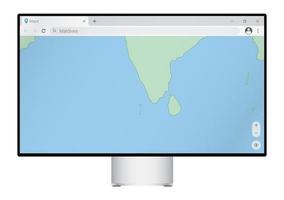 écran d'ordinateur avec carte des maldives dans le navigateur, recherchez le pays des maldives sur le programme de cartographie Web. vecteur