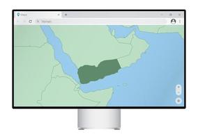 écran d'ordinateur avec carte du yémen dans le navigateur, recherchez le pays du yémen sur le programme de cartographie Web. vecteur