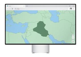 écran d'ordinateur avec carte de l'irak dans le navigateur, recherchez le pays de l'irak sur le programme de cartographie Web. vecteur