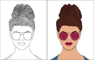 une belle femme dessinée à la main avec un chignon désordonné portant des lunettes de soleil rétro isolées vecteur