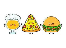 verre heureux mignon et drôle de bière, de pizza et d'hamburger. personnages de kawaii de dessin animé dessinés à la main de vecteur, icône d'illustration. verre de dessin animé drôle de concept d'amis mascotte bière, pizza et hamburger vecteur
