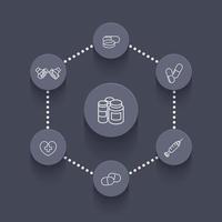 médecine, médicaments, pilules, icônes de ligne, pictogrammes sur des formes rondes, illustration vectorielle vecteur