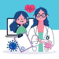 santé en ligne, femme médecin avec ordinateur et patient souffrant de toux pandémie covid 19 vecteur