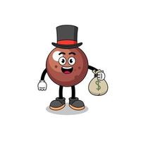 illustration de mascotte de boule de chocolat homme riche tenant un sac d'argent vecteur