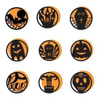 ensemble d'icônes d'halloween. insigne de forme ronde halloween couleur noire sur fond orange. vecteur. vecteur