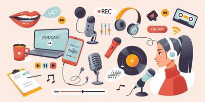 ensemble de podcasts. éléments de podcast, microphone, casque, lecteur, enregistrement. une personne enregistre un podcast. illustration vectorielle de dessin animé vecteur