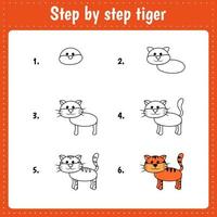 feuille de travail éducative pour les enfants. illustration de dessin étape par étape. tigre. page d'activité pour l'éducation préscolaire. vecteur