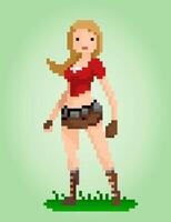 Pixel 8 bits une fille héroïne. pixels de femme pour les actifs de jeu et les motifs de point de croix dans les illustrations vectorielles. vecteur