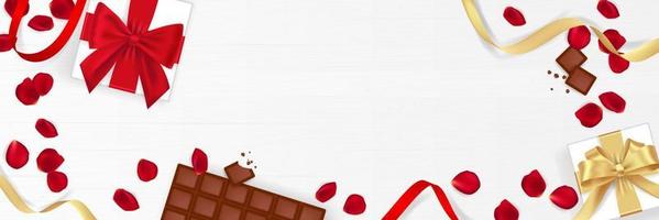 conception de mise en page de la saint valentin avec du chocolat et des roses spécial saint valentin. fond d'illustration vectorielle. vecteur