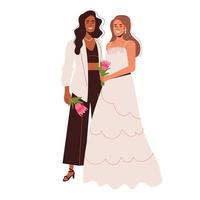 filles lesbiennes amoureuses dans une robe blanche et un costume. cérémonie de mariage lgbt avec des fleurs vecteur