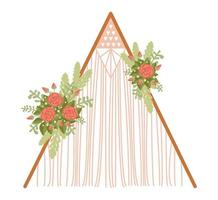 arche de mariage en bois avec macramé et fleurs bohèmes. déco hippie pour les mariés. tissage, roses vecteur