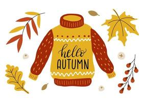 pull chaud avec inscription hello autumn. vêtements chauds, érable, chute des feuilles d'automne, baies et glands. vêtements d'automne et chauds vecteur