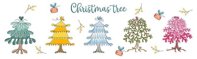 ensemble de vecteurs d'arbre de noël conçu dans un style doodle sur fond blanc. pour décorer des thèmes de Noël, des cartes de Noël, des impressions numériques, des autocollants, des albums, des conceptions de sacs et plus encore. vecteur