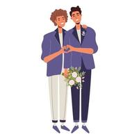 les amants homosexuels se marient. félicitations aux mariés. gars en costumes violets montrant un coeur vecteur