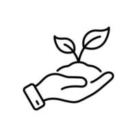 main tenir la feuille organique dans l'icône de la ligne du sol. culture verdure écologie plante pictogramme linéaire. symbole de contour éco-agriculture en germination. trait modifiable. illustration vectorielle isolée. vecteur