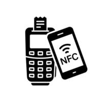 smartphone avec technologie nfc paiement sans fil sur l'icône de silhouette pos. payer par pictogramme de glyphe sans numéraire de téléphone portable. icône approuvée du processus de transaction sans contact. illustration vectorielle isolée. vecteur