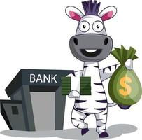 Zebra avec des sacs d'argent, illustration, vecteur sur fond blanc.